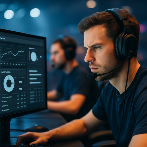 An esports player reviews match analytics at a tournament desk while a teammate works