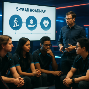 An esports team and coach discuss a long-term strategy in a modern arena, with