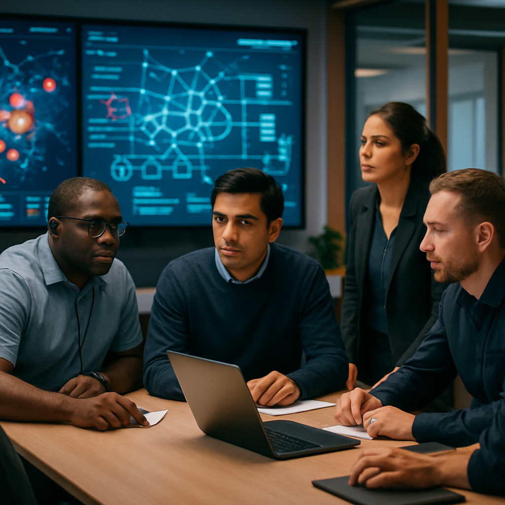 Local cybersecurity specialists collaborate in a modern operations center, with network displays suggesting the