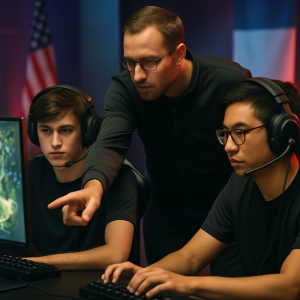 Esports players from two countries collaborate on tournament strategy at a shared gaming station.
