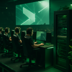 Esports players compete beneath efficient LED lighting, with a compact server rack highlighting the