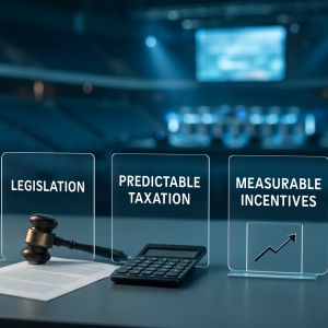 A modern esports arena behind connected panels representing legislation, predictable taxes, and measurable incentives.